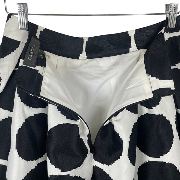 Gracia High-Low Skirt Black White Polka Dot Pleated Asymmetrical Ribbon Hem Sz L - Picture 7 of 15